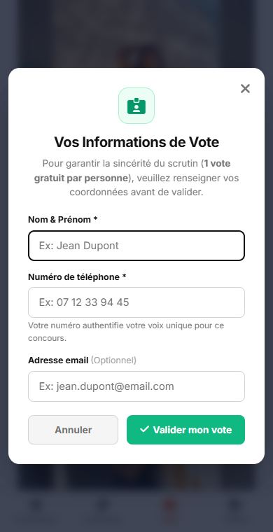 Capture : Coordonnées demandées pour le vote gratuit